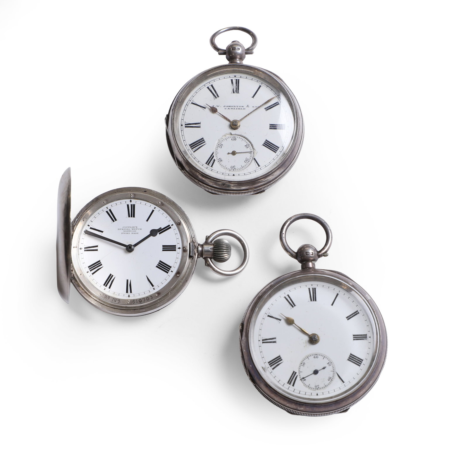 A silver Omega top wind hunter pocket watch and two silver open-faced pocket watches, (1 of 1)