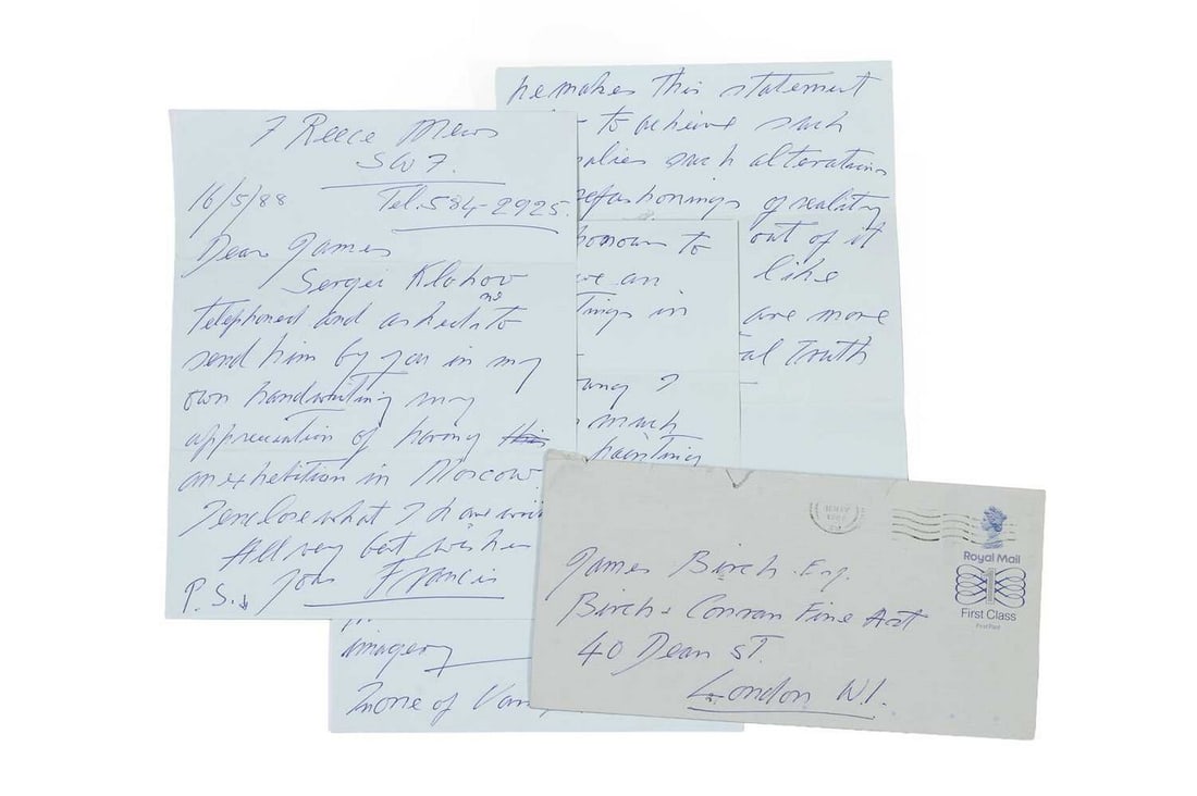 ▲ Francis Bacon (British, 1909-1992) A handwritten letter from Francis Bacon to James Birch: ▲ Francis Bacon (British, 1909-1992) A handwritten letter from Francis Bacon to James Birch in which Bacon discusses the forthcoming exhibition in Moscow, sent from the artist's studio at 7 Reec