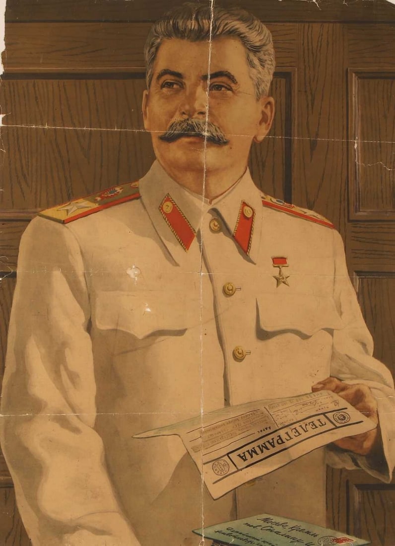 A Soviet propaganda poster of Joseph Stalin 'The Teacher and Leader of Progressive Humanity' (1 of 3)