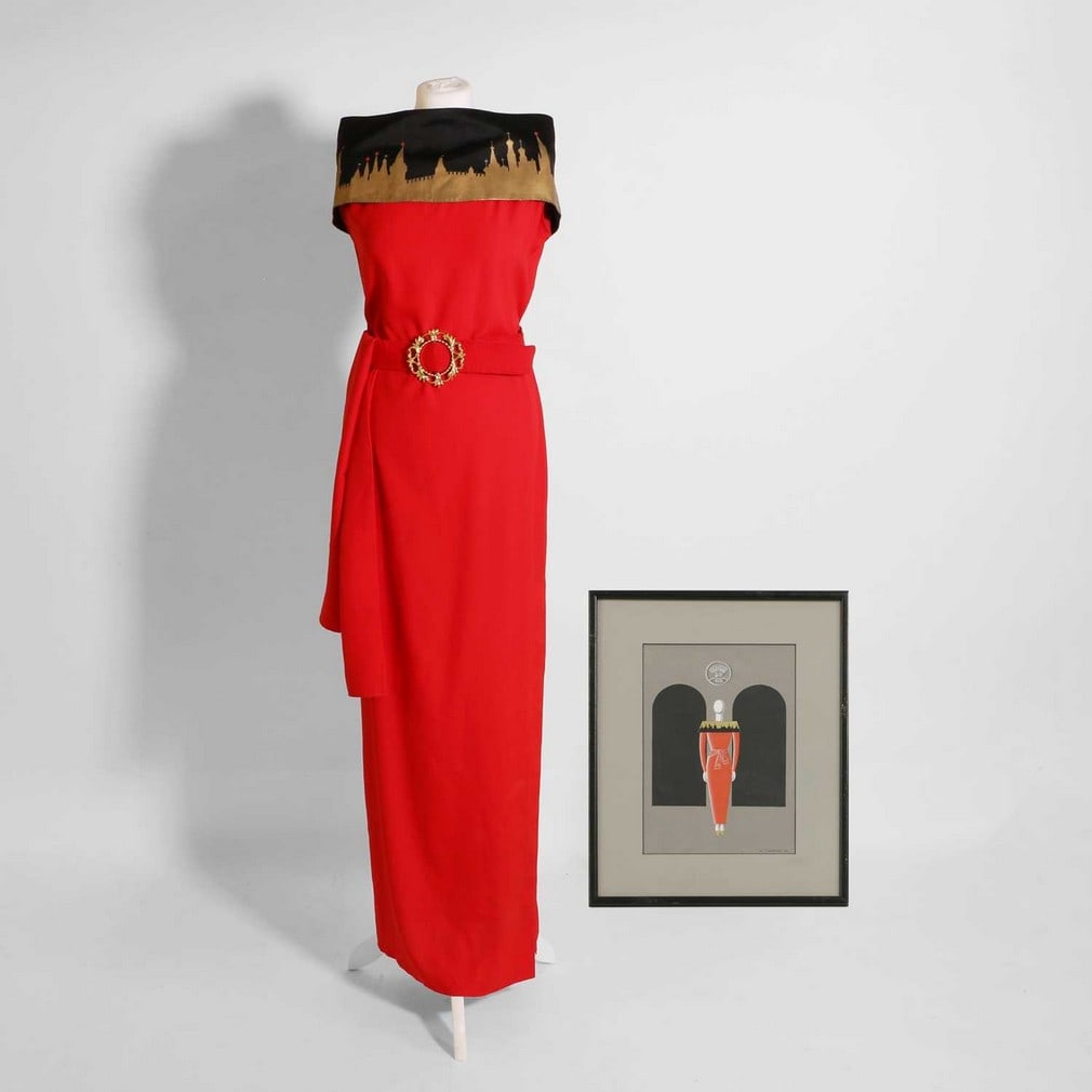 Elena Khudiakova (Russian, 1957-2015) Four avant-garde dresses and a choker with associated fashion: Elena Khudiakova (Russian, 1957-2015) Four avant-garde dresses and a choker with associated fashion designs each illustration signed and dated '89' l.r., gouache and gold paint; together with a handwr