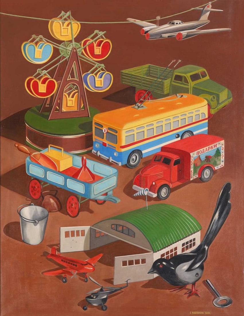 Elena Khudiakova (Russian, 1957-2015) 'Toys': Elena Khudiakova (Russian, 1957-2015) 'Toys' signed and dated 'E. KHUDIAKOVA 2004' l.r., oil on canvas (93 x 71cm; framed 104 x 81cm) Footnote: 'Elena was a Russian fashion designer who I met in Mosco