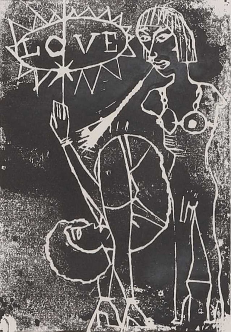 ▲ Sir Grayson Perry RA (British, b.1960) Untitled (Love): ▲ Sir Grayson Perry RA (British, b.1960) Untitled (Love) linocut, artist's proof, signed 'Grayson Perry' in pencil l.l., inscribed 'A/P' (sheet 28 x 19.5cm; framed 42.5 x 32.5cm) Footnote: 'One 