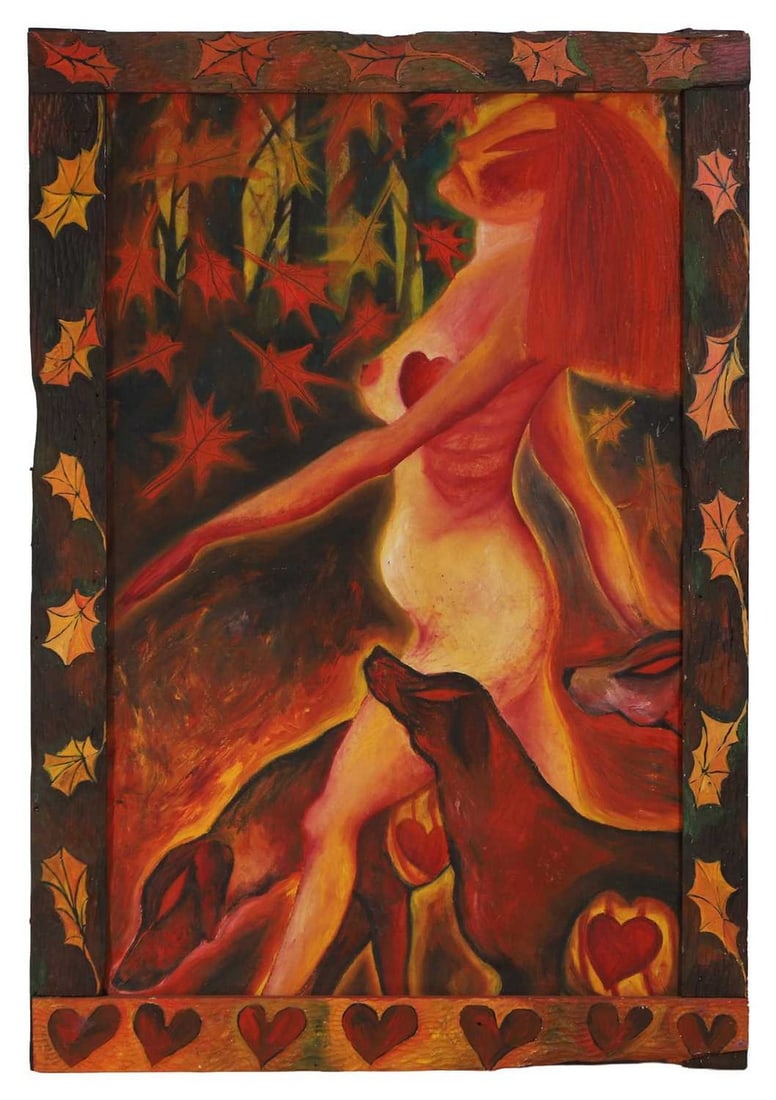 ▲ Jennifer Binnie (British, b.1958) Self-portrait with dog, 1983: ▲ Jennifer Binnie (British, b.1958) Self-portrait with dog, 1983 oil on canvas, in the original artist's painted frame (103 x 170cm; framed 180 x 124cm) Condition Report: The canvas is unevenly 