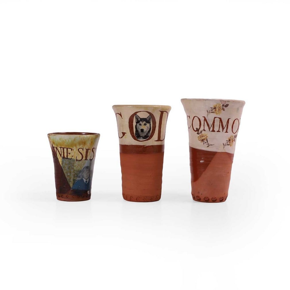 Christine Binnie (British, b.1955) 'The Binnie Sisters', 'God' and 'Common': Christine Binnie (British, b.1955) 'The Binnie Sisters', 'God' and 'Common' three glazed ceramic pots with decals and photographic transfers, each stamped with initials to base (largest 16.5cm high) (