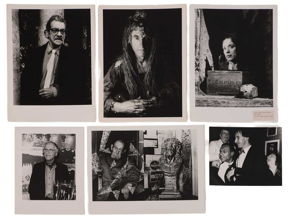 Michael Woods (British, b.1952) A large group of black and white photographs of celebrities: Michael Woods (British, b.1952) A large group of black and white photographs of celebrities including images of Quentin Crisp, George Melly, Tim Roth, Ken Russell and Peter Davies, the majority signed