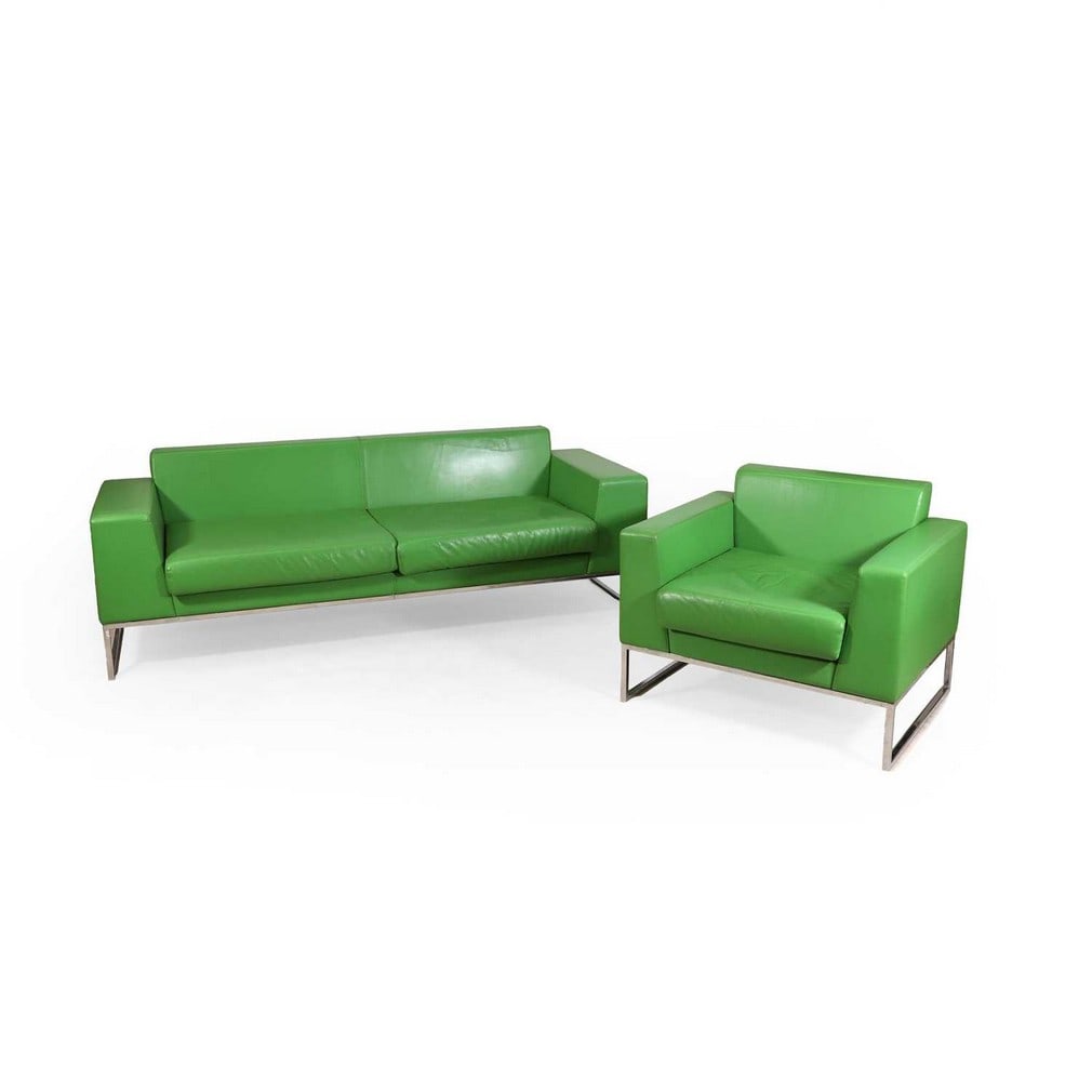 Boss Design, a green leather sofa and armchair, (1 of 2)