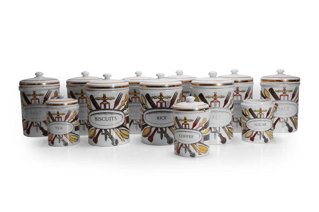 Piero Fornasetti (Italian, 1913-1988), a set of twelve storage jars, (1 of 4)