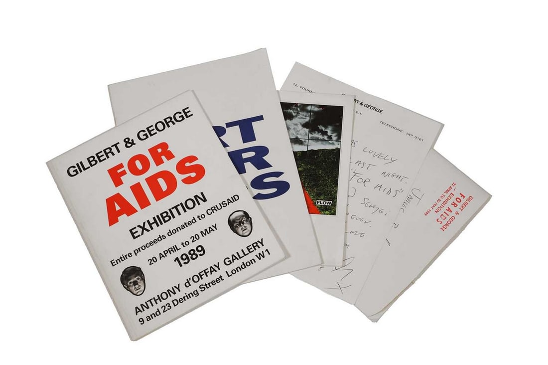 Gilbert & George (British, b.1943 and 1942) A signed letter to James Birch relating to the 'FOR: Gilbert & George (British, b.1943 and 1942) A signed letter to James Birch relating to the 'FOR AIDS' fundraising exhibition on the artists' headed paper inscribed 'Dear James/It was lovely/to see you