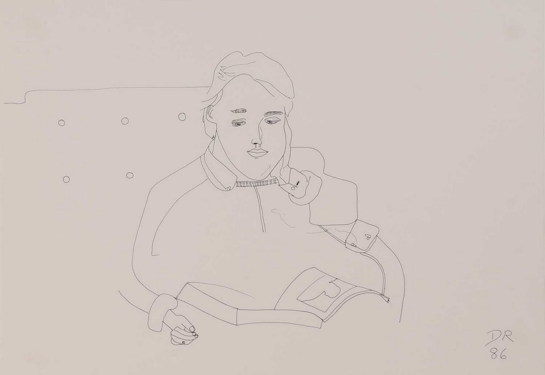 ▲ David Robilliard (British, 1952-1988) A man reading: ▲ David Robilliard (British, 1952-1988) A man reading signed with initials and dated '86' l.r., pen and ink (42 x 57cm; framed 61.5 x 87cm) Condition Report: On close inspection there are some f