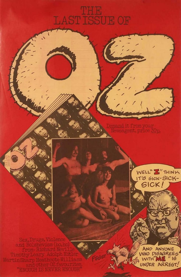 The Last Issue of Oz', a promotional poster for the last issue of OZ magazine, no. 48, published in (1 of 2)