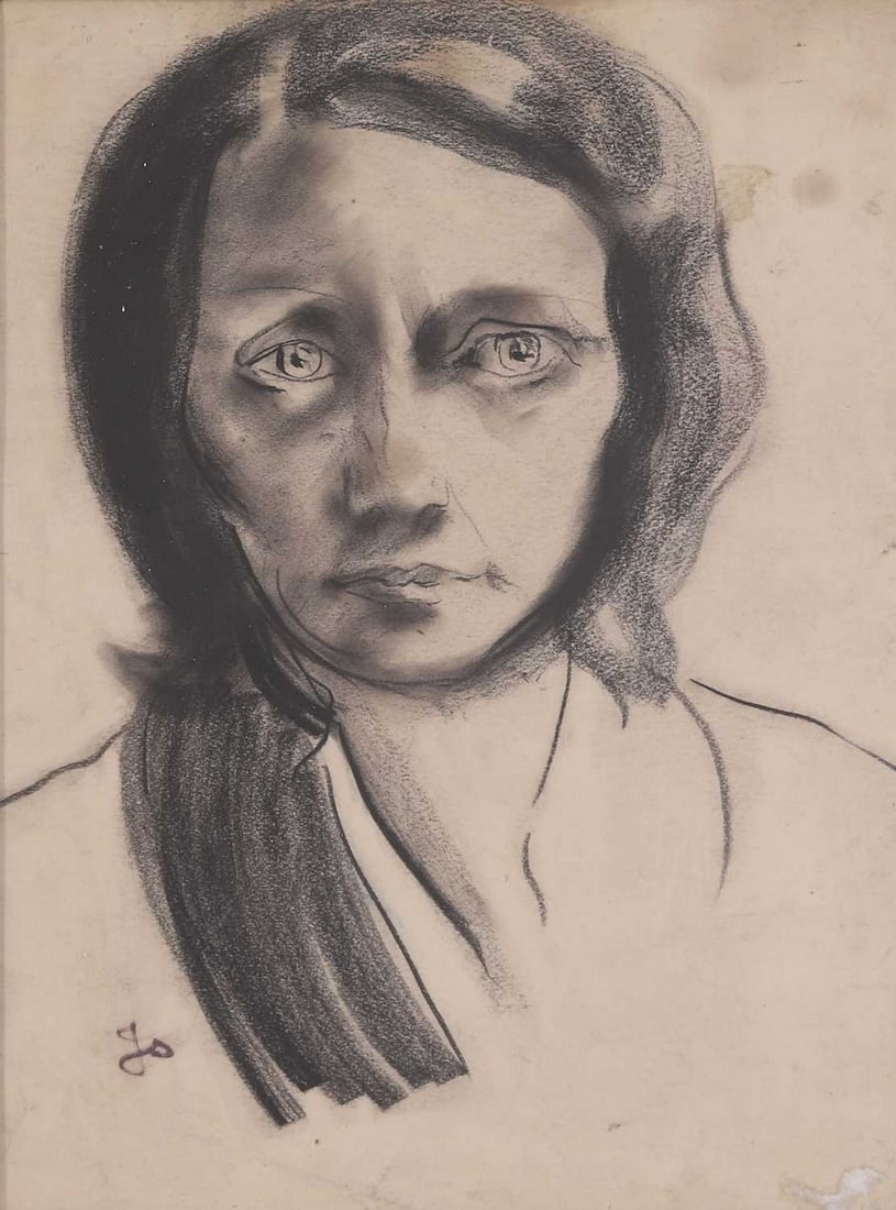 ▲ Jean Shepeard (British, 1904-1989) Self-portrait: ▲ Jean Shepeard (British, 1904-1989) Self-portrait signed with initials l.l., black chalk (41 x 29cm; framed 43 x 31cm) Footnote: Shepeard was a British artist and actress who studied at the Sla