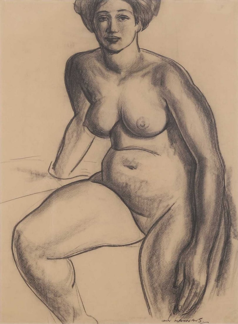 ▲ Iain Macnab (British, 1890-1967) Seated nude: ▲ Iain Macnab (British, 1890-1967) Seated nude signed 'IAIN MCNAB' l.r., charcoal (55 x 39cm; framed 83.5 x 63.5cm) Condition Report: There is a large tear from the lower edge to just above the 