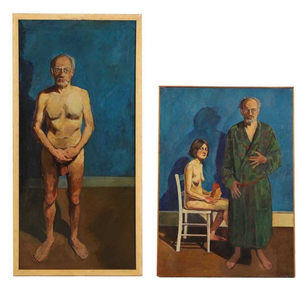 Diane Hills (British, b.1947) 'Mr John Bratby' and 'The Artist and Model': Diane Hills (British, b.1947) 'Mr John Bratby' and 'The Artist and Model' the latter signed 'DIANE HILLS' l.r., oil on board (96 x 45cm; framed 100 x 49cm and 80 x 57cm; framed 81 x 58cm) (2) Footnote