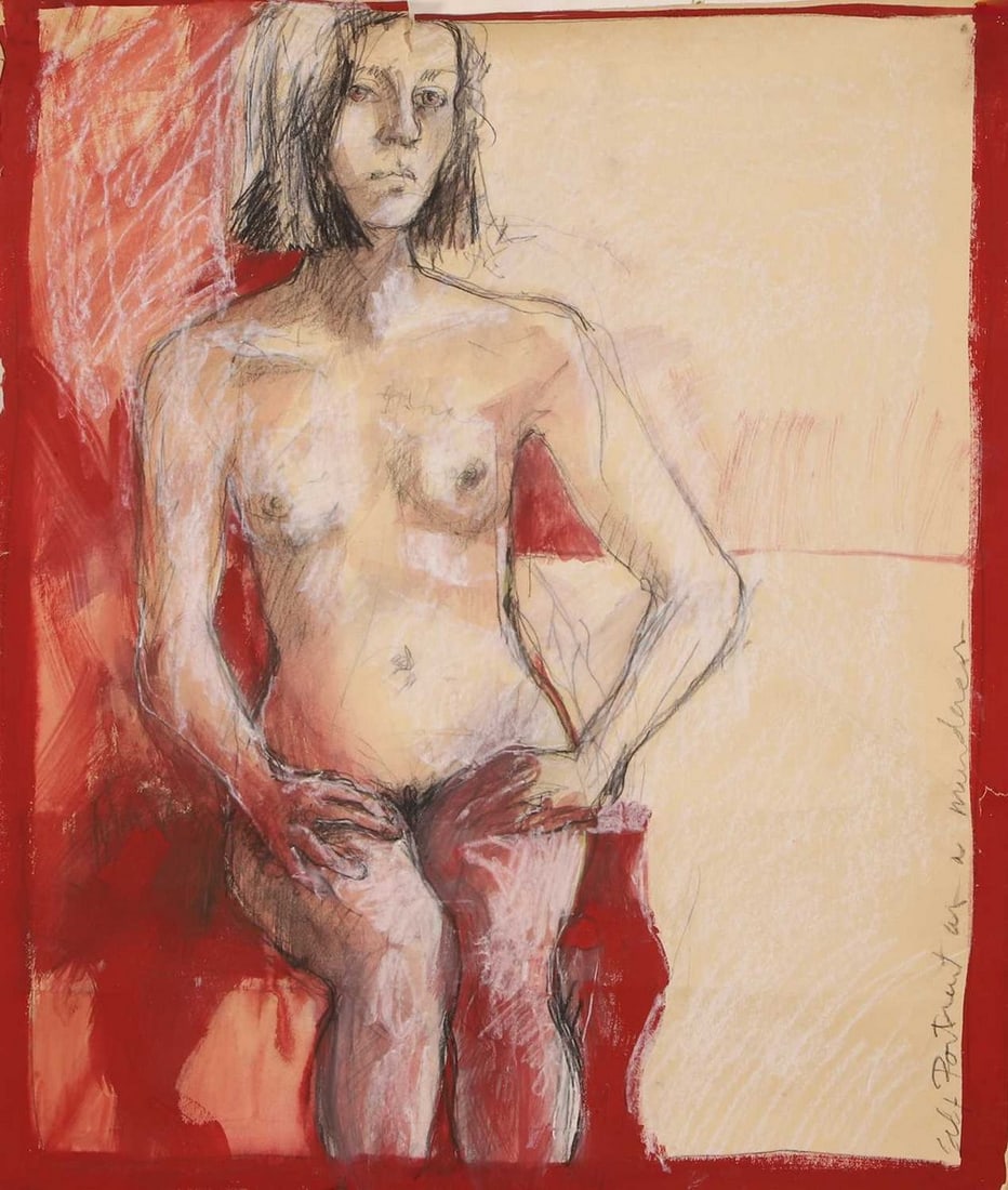 Mary Lemley (American, b.1955) Self-portrait: Mary Lemley (American, b.1955) Self-portrait indistinctly inscribed 'Self-portrait as a mu...' l.r., mixed media on paper (66 x 56cm; unframed) Footnote: 'Mary is an American artist who has been a par