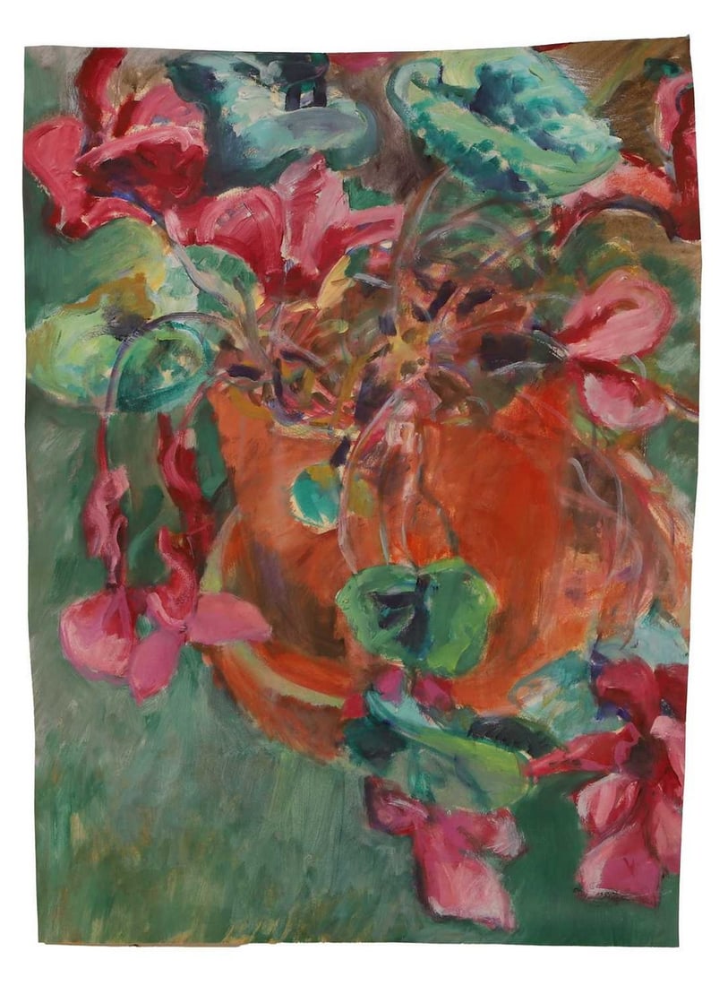 Mary Lemley (American, b.1955) A group of four paintings of a garden, flowers and a bird: Mary Lemley (American, b.1955) A group of four paintings of a garden, flowers and a bird oil and gouache on paper; together with an annotated sheet of pencil studies of tulips, signed 'Mary Lemley' (l