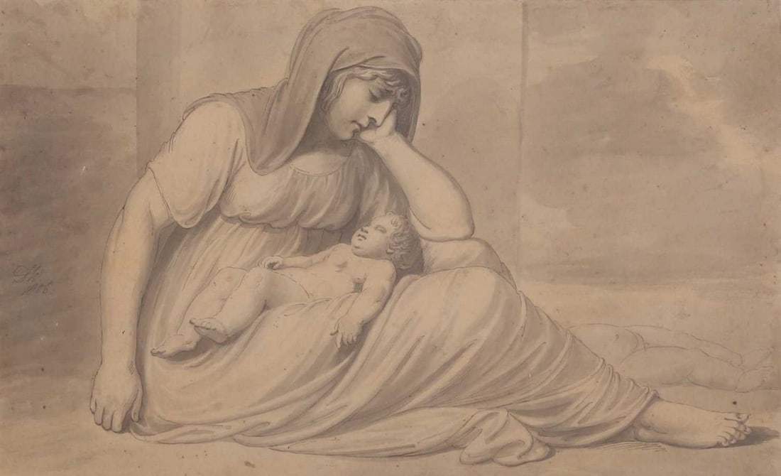 D... W... (19th century) Mother and child: D... W... (19th century) Mother and child signed with initials 'DW' and dated '1806' c.l., pen and ink and wash (23.5 x 36.5cm; framed 48 x 59cm) Condition Report: Time staining with small scattered s