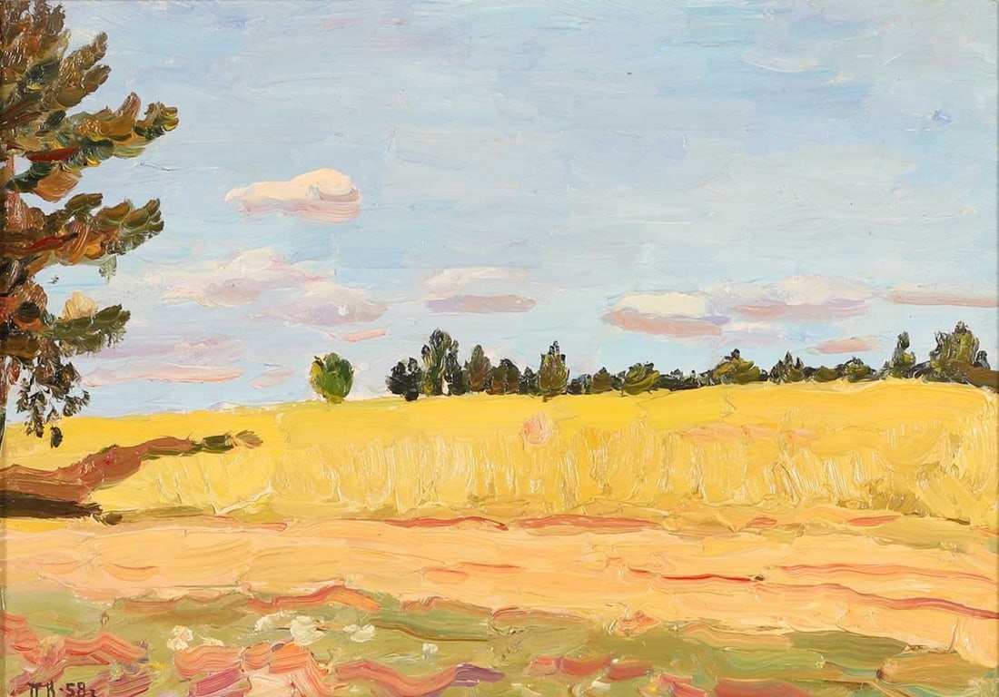 Petr Krokhonyatkin (Russian, 1929-2018) 'Time to Harvest': Petr Krokhonyatkin (Russian, 1929-2018) 'Time to Harvest' signed with initials and dated '58' l.l., also signed, inscribed in Cyrillic and dated verso, oil on board (24 x 34cm; framed 35 x 45cm) Condi
