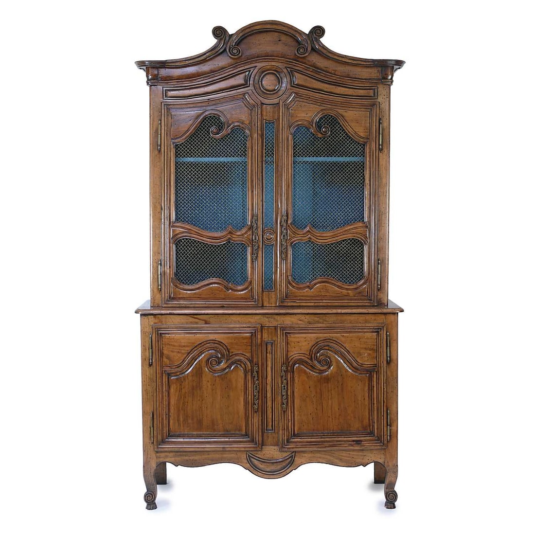 A Louis XV-style provincial fruitwood buffet a deux corps, 20th century,: A Louis XV-style provincial fruitwood buffet a deux corps, 20th century, with a pair of grille doors enclosing a painted interior with shelves, above a pair of panelled base cupboard doors, raised on 