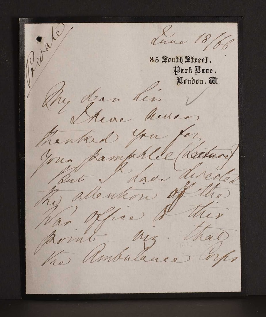 Florence NIGHTINGALE- Autograph Letter SIGNED (To Sir Thomas Longmore). 4 pages,: Florence NIGHTINGALE- Autograph Letter SIGNED (To Sir Thomas Longmore). 4 pages, 35, South Street, Grosvenor Square, W. June 18, (18)66, "My dear Sir, I have never thanked you for your pamphlet