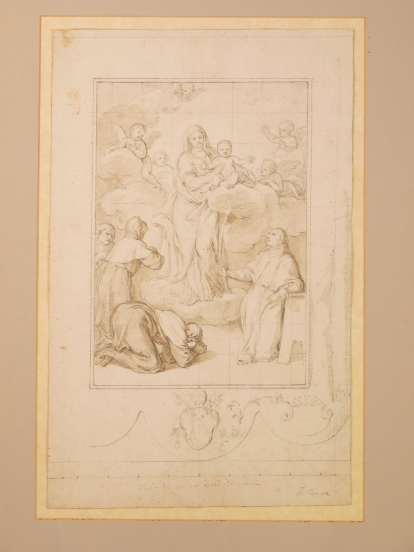 Tommaso Conca (Italian 1734-1822), THE ADORATION OF THE: Tommaso Conca (Italian 1734-1822), THE ADORATION OF THE CHRIST CHILD Signed l.r. and indistinctly inscribed 'Scala di...almi (?) dieci Romani', pencil and brown washes, squared for transfer sheet size