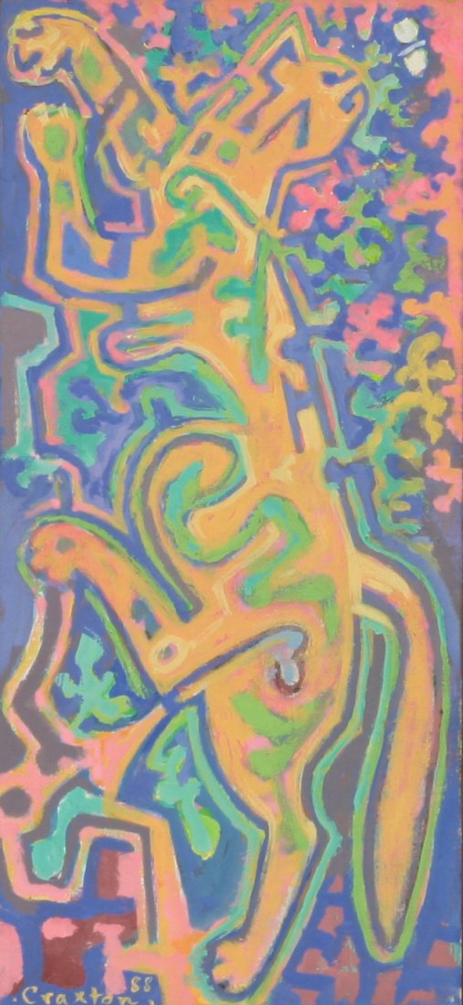 *John Craxton RA (1922-2009), CAT AND BUTTERFLY Signed: *John Craxton RA (1922-2009), CAT AND BUTTERFLY Signed and dated 88 l.l., oil on board 41 x 18.5cm Exhibited: Christopher Hull Gallery, London, 1988, no. 24. *Artist's Resale Right may apply to this l