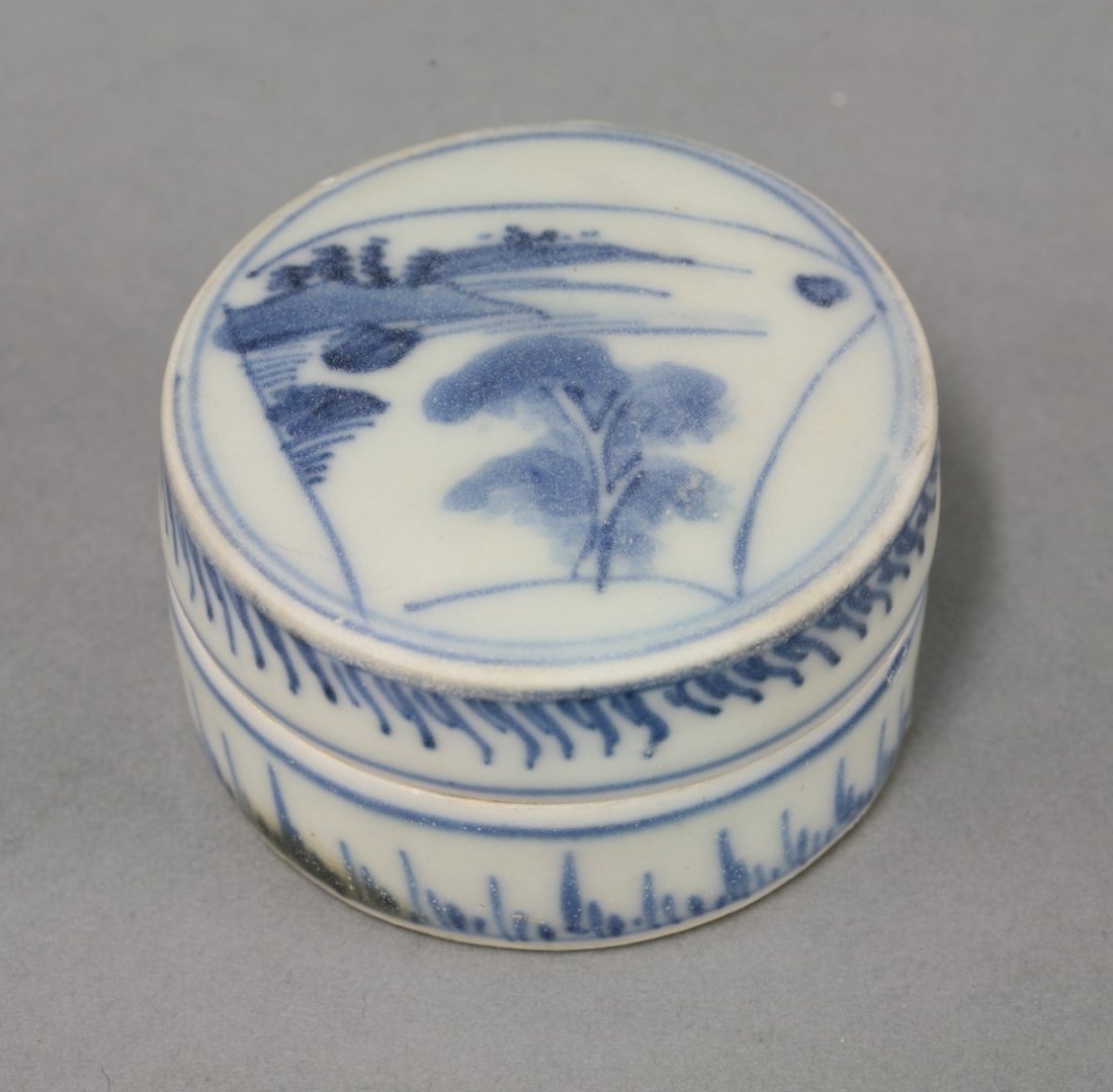 Another Hatcher Junk Box and Cover, of drum form, the: Another Hatcher Junk Box and Cover, of drum form, the top with a fan panel painted with a rocky shore and a tree, the sides with flames, 4.7cm (2)