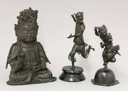 A bronze Avalokitesvara, Ming Dynasty, the goddess: A bronze Avalokitesvara, Ming Dynasty, the goddess seated with right hand raised, the left with a bell, wearing tall, pierced diadem, robes engraved, 23cm, a Japanese bronze Figure of Raiden, the Thun