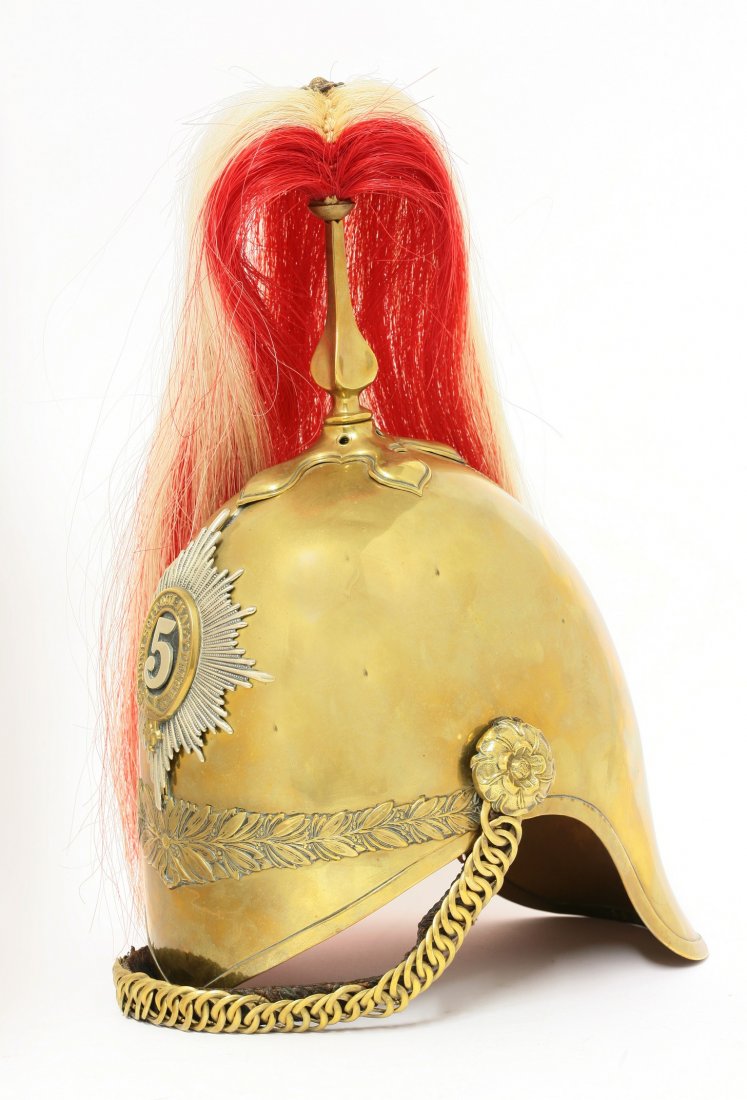 A British Army 5th Princess Charlotte of Wales Regiment: A British Army 5th Princess Charlotte of Wales Regiment of Dragoon Guards helmet, with leather interior and stamped '5DG 7854 513', 37cm high