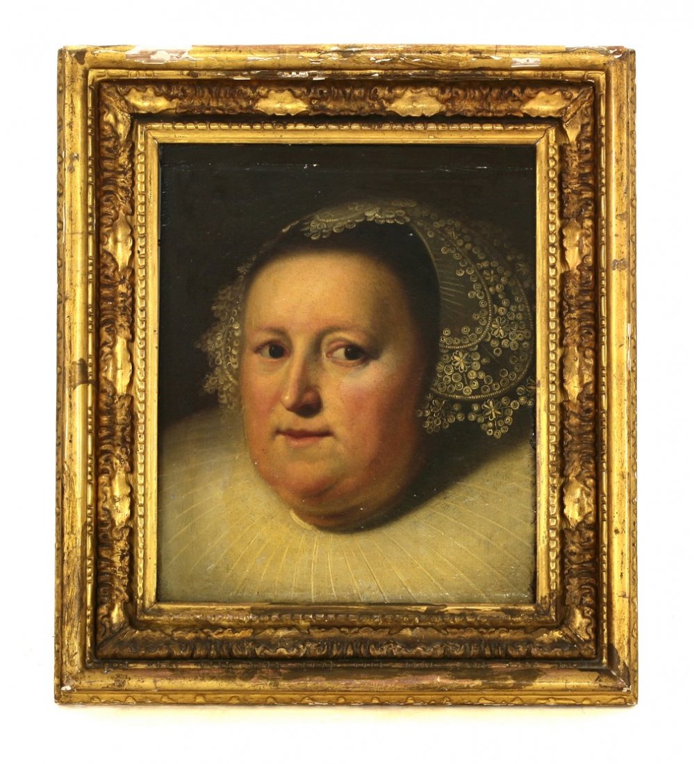 Follower of Bartholomeus van der Helst, PORTRAIT OF A: Follower of Bartholomeus van der Helst, PORTRAIT OF A LADY, HEAD AND SHOULDERS, IN A WHITE LACE BONNET Oil on panel 35 x 28cm