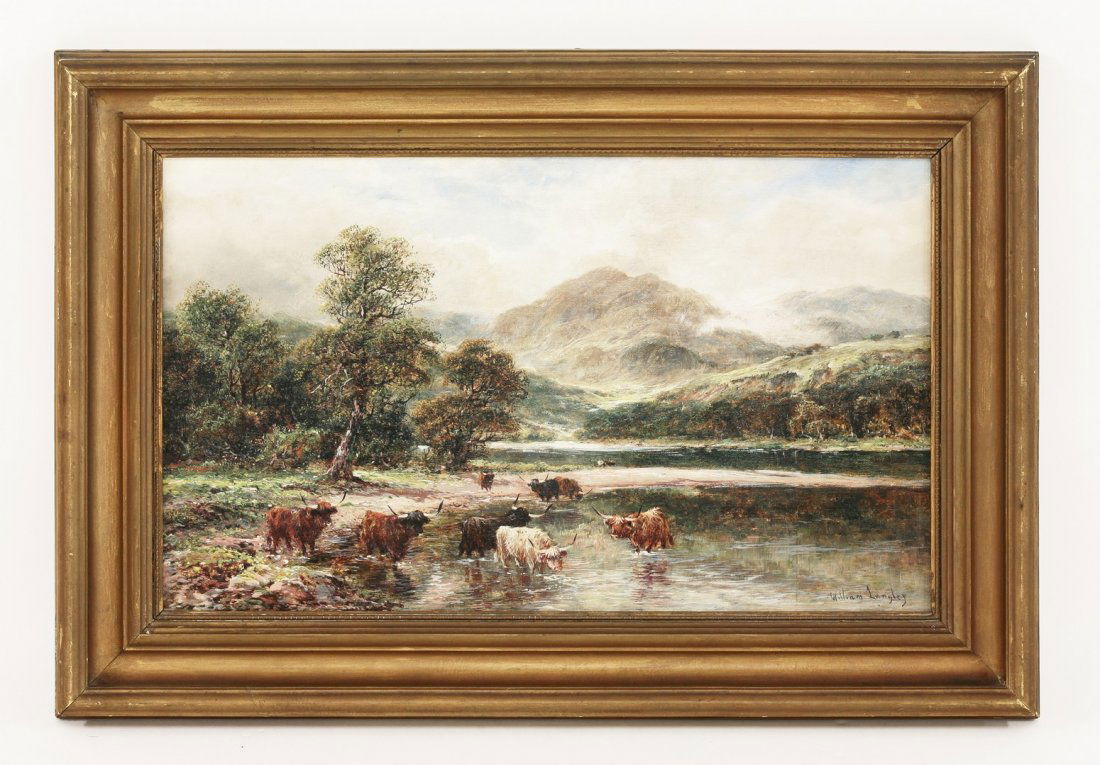 William Langley (1852-1922), LOCH LANDSCAPES WITH: William Langley (1852-1922), LOCH LANDSCAPES WITH HIGHLAND CATTLE A pair, both signed l.r., oil on board 31 x 51cm (2)