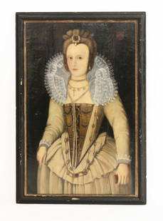 Manner of George Gower, PORTRAIT OF THE DAUGHTER OF: Manner of George Gower, PORTRAIT OF THE DAUGHTER OF LADY SIDNEY, THREE-QUARTER LENGTH Bears inscription 'AEtis SUAE 21' and date 1597, inscribed on label verso 'Circle of Gheerarts', oil on panel 90 x