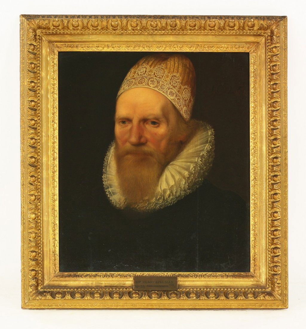 Circle of Paul Van Somer (Flemish 1577-1621), PORTRAIT: Circle of Paul Van Somer (Flemish 1577-1621), PORTRAIT OF SIR HENRY SPELMAN (c.1562-1641), ANTIQUARY, BUST LENGTH, IN A BLACK DOUBLET, WHITE LACE RUFF AND CAP Dated 1628 u.r. oil on panel 57 x 47cm, i