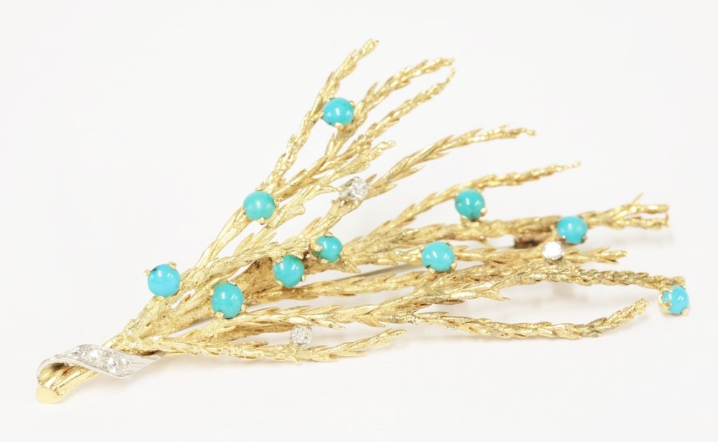 An 18ct gold turquoise and diamond spray brooch, by: An 18ct gold turquoise and diamond spray brooch, by Andrew Grima, c.1960, the textured gold spray, 76 x 43mm, with three brilliant cut diamonds, claw set in white collets, and ten cabochon turquoise,