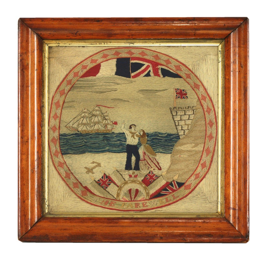 A Victorian woolwork, 'The Farewell', in a maple: A Victorian woolwork, 'The Farewell', in a maple frame, 44cm wide 45cm high