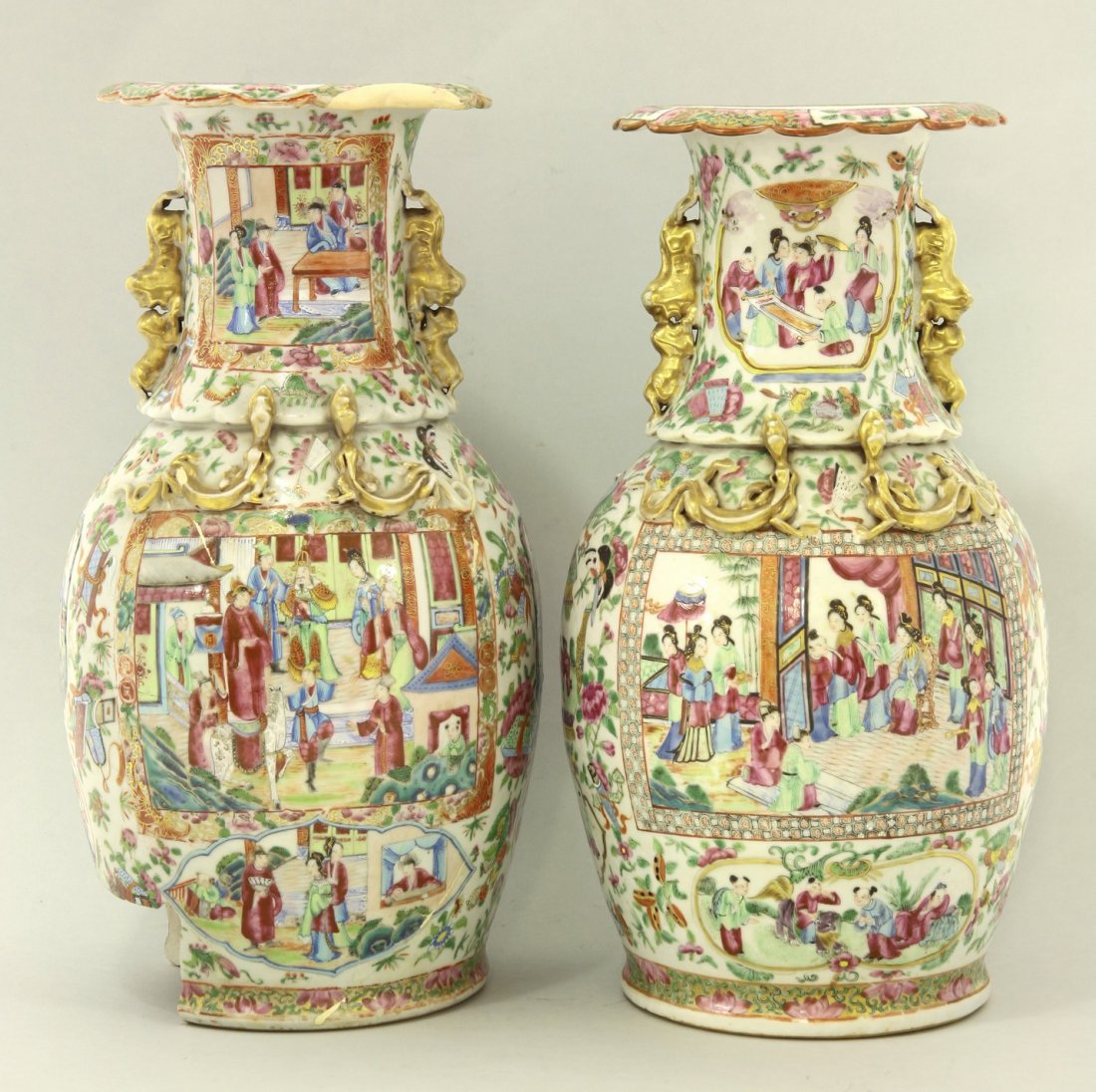 A pair of Canton Vases, c.1830, each with panels of: A pair of Canton Vases, c.1830, each with panels of figures, precious objects, butterflies and one with Li Taibai in a wine pot, the shoulders with gilt chilong and the neck with Buddhist lions, both 