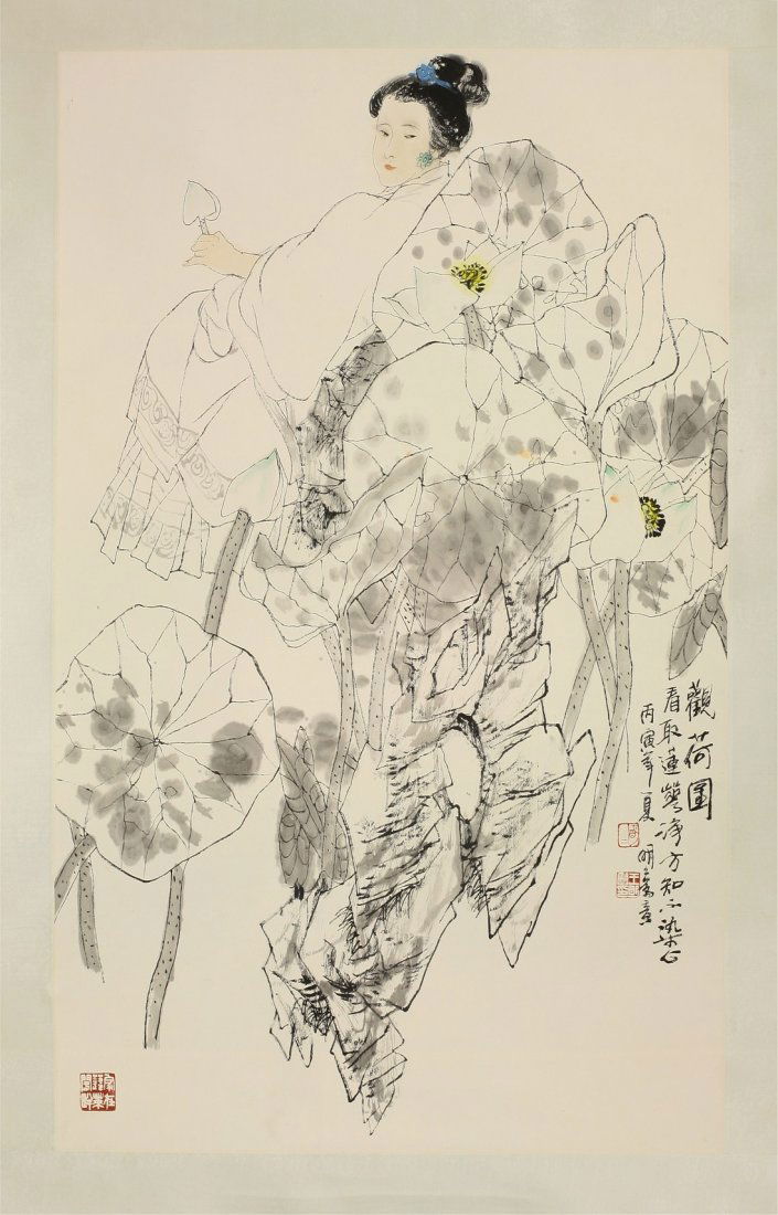 Wang Mingming (b.1952) a hanging scroll of a lady: Wang Mingming (b.1952) a hanging scroll of a lady watching lotus next to a pond, ink and colour on paper. Entitled and inscribed. Signed 'painted by Ming'. Dated summer, year of bingren (1976). Two ar