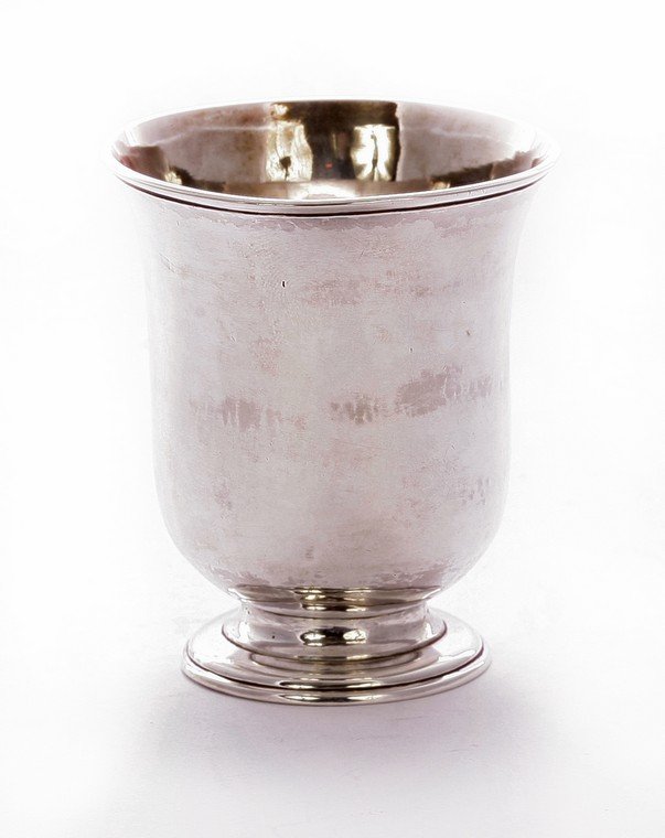 A Channel Islands silver beaker, by Philippe Le: A Channel Islands silver beaker, by Philippe Le Vavasseur Durell, Jersey c.1740, of baluster form on pedestal circular foot, engraved with initials 'M L G' to base, 8.5cm high