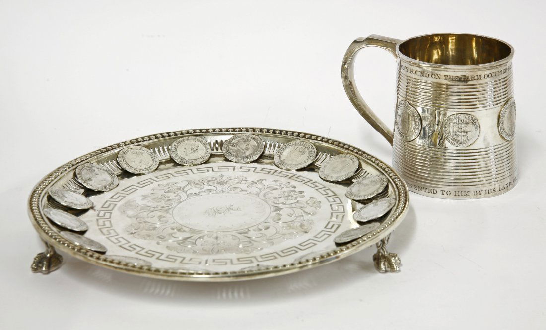 A Victorian silver salver, by Samuel Roberts & Charles: A Victorian silver salver, by Samuel Roberts & Charles Belk,Sheffield 1869, of circular form, the beaded and pierced border mounted with James I and Elizabeth I shillings, the centre with engraved fri