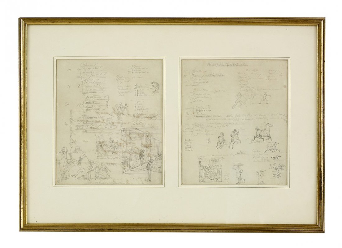 Attributed to George Cruikshank (1792-1878), SKETCHES: Attributed to George Cruikshank (1792-1878), SKETCHES FOR THE LIFE OF MR LAMBKIN Pencil, with letter attached verso dated 1844 on two sheets, each 22 x 18cm mounted as one Following the death of his f