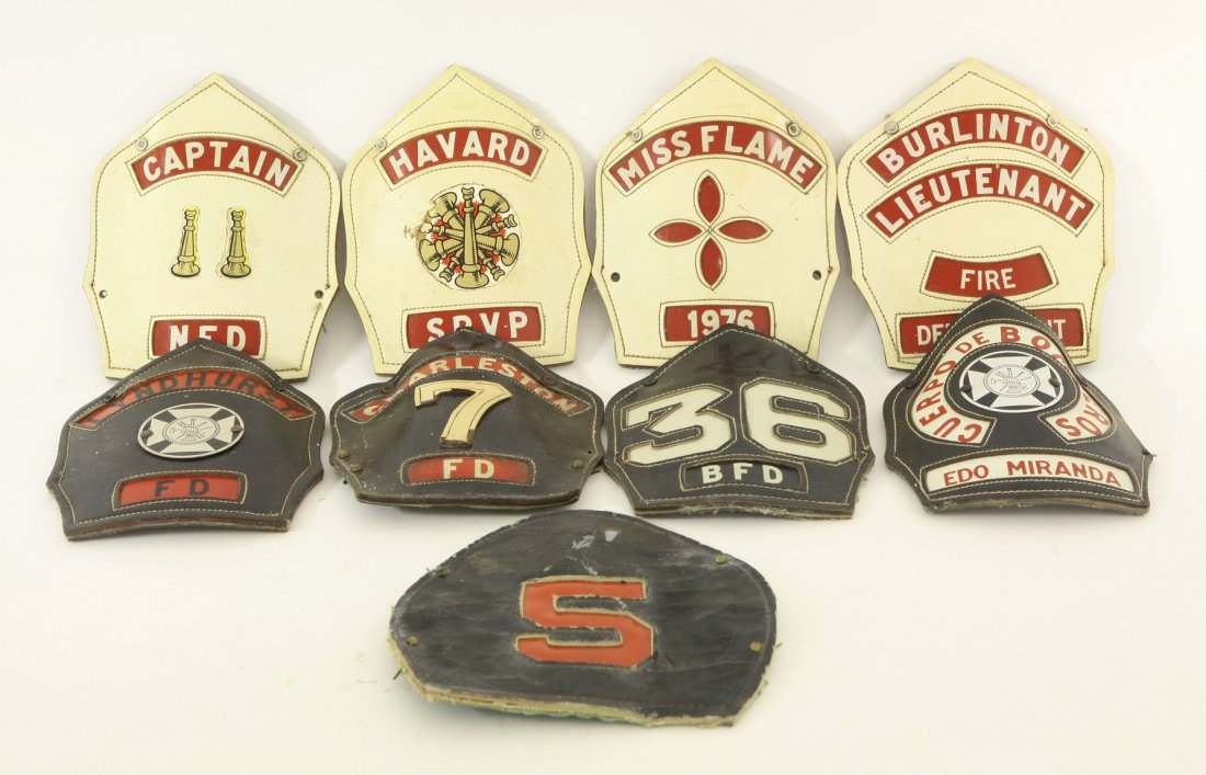A selection of American Fire Brigade helmet plates, to: A selection of American Fire Brigade helmet plates, to consist of Lieutenant Burlington FD, Havard SPVP, Miss Flame 1976, Charleston FD, Captain NFD, 36 BFD, together with Cuerpro de Bomberos Edo Mira