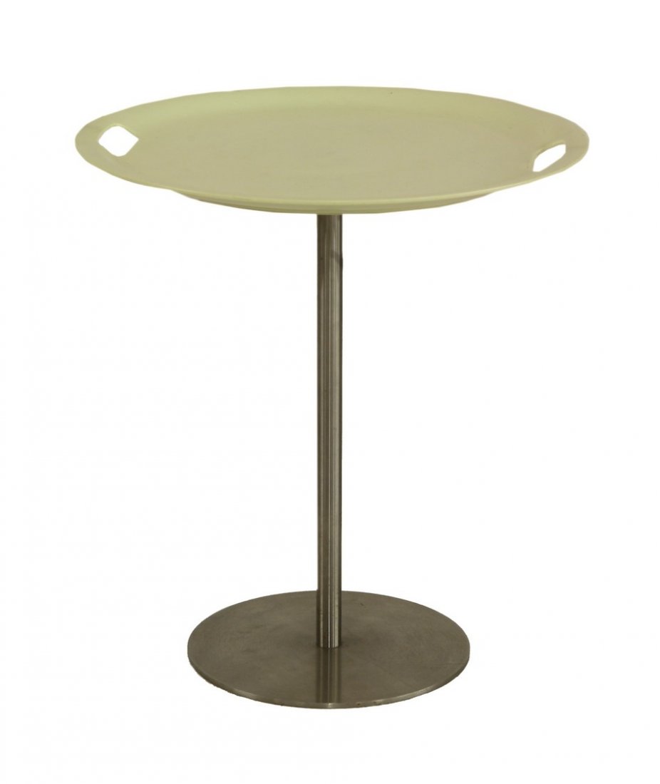A Op-La tray top table, designed by Jasper Morrison for: A Op-La tray top table, designed by Jasper Morrison for Alessi, the moulded white tray on a stainless steel base (2)