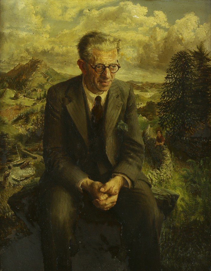 *Claude William Harrison (1922-2009), PORTRAIT OF MR J: *Claude William Harrison (1922-2009), PORTRAIT OF MR J G BANWELL ESQ., SEATED THREE-QUARTER LENGTH, IN THE LAKE DISTRICT; Signed l.l., oil on tin 45.5 x 34cm; and another by the same hand, PORTRAIT OF