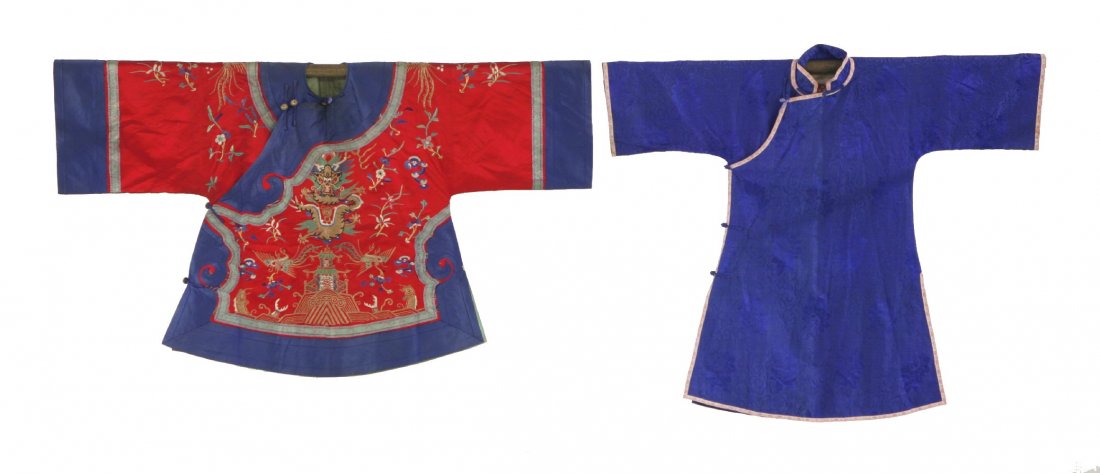 A ladies scarlet Silk Jacket, early 20th century,: A ladies scarlet Silk Jacket, early 20th century, embroidered with a full faced dragon above a temple, amongst feng and flowers, carps leaping at the foot, and a child's blue woven silk coat, with flo