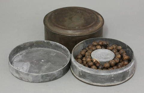 A string of aloeswood beads, with chenxiang wooden: A string of aloeswood beads, with chenxiang wooden beads, fitted pewter box, 66.5cm