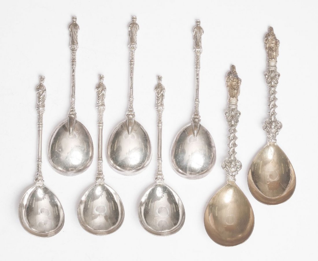 A set of six Victorian silver apostle spoons, by: A set of six Victorian silver apostle spoons, by Harrison Brothers & Howson, London 1877, and a pair of parcel gilt apostle spoons, by Charles Stuart Harris, London 1879, 16oz total
