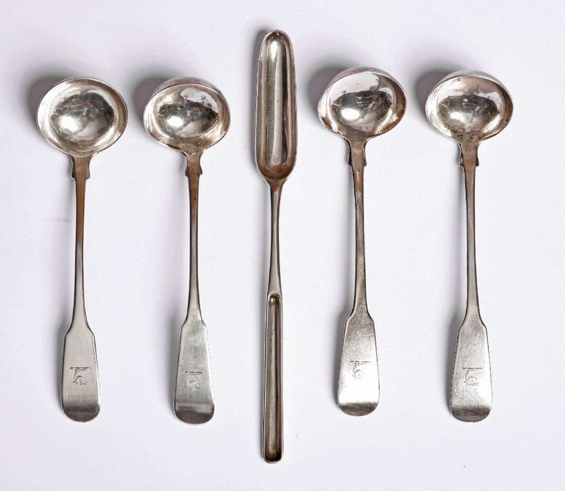 A pair of George IV Scottish silver fiddle pattern: A pair of George IV Scottish silver fiddle pattern toddy ladles,probably by J Muir Junior, Glasgow 1829, crested,two further Glasgow silver toddy ladles, crested, and a George III silver marrow scoop,