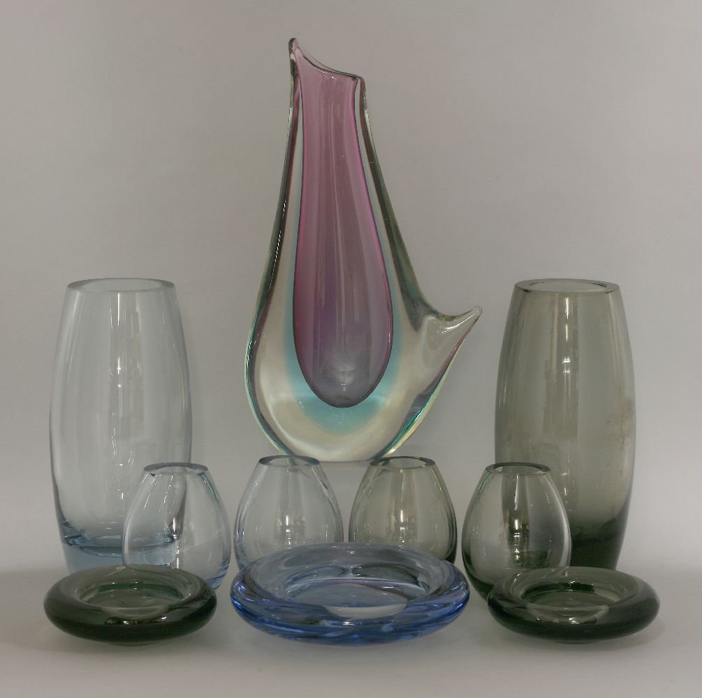 Two Holmegaard glass vases, designed by Per Ltken, in: Two Holmegaard glass vases, designed by Per Ltken, in blue and smoke glass, 25cm high, two pairs of smaller glass vases, 11cm, three glass 'Bird's Eye' bowls, in blue and smoke glass, all etched 'Holm