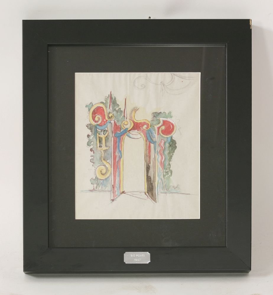 *Gio Ponti (Italian, 1891-1979) A STAGE DESIGN FOR: *Gio Ponti (Italian, 1891-1979) A STAGE DESIGN FOR GLUCK'S 'ORPHEUS' Pencil, pen and ink and watercolour 24 x 20cm *Artist's Resale Right may apply to this lot.