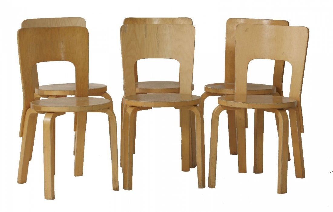 A set of six laminated Model 66 high backed stools,: A set of six laminated Model 66 high backed stools, designed by Alvar Aalto (6)