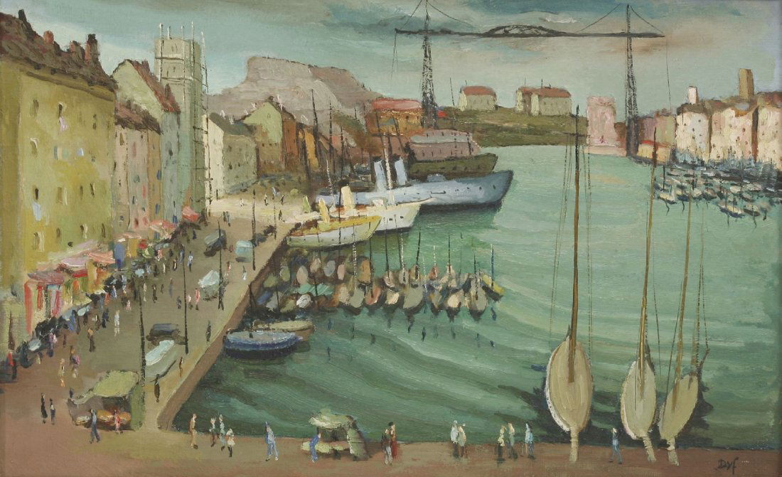 *Marcel Dyf (French, 1899-1985) 'PORT DE MARSEILLE AVEC: *Marcel Dyf (French, 1899-1985) 'PORT DE MARSEILLE AVEC LE PONT TRANSBORDEUR', c.1930 Signed l.r., oil on canvas 40 x 64cm *Artist's Resale Right may apply to this lot.